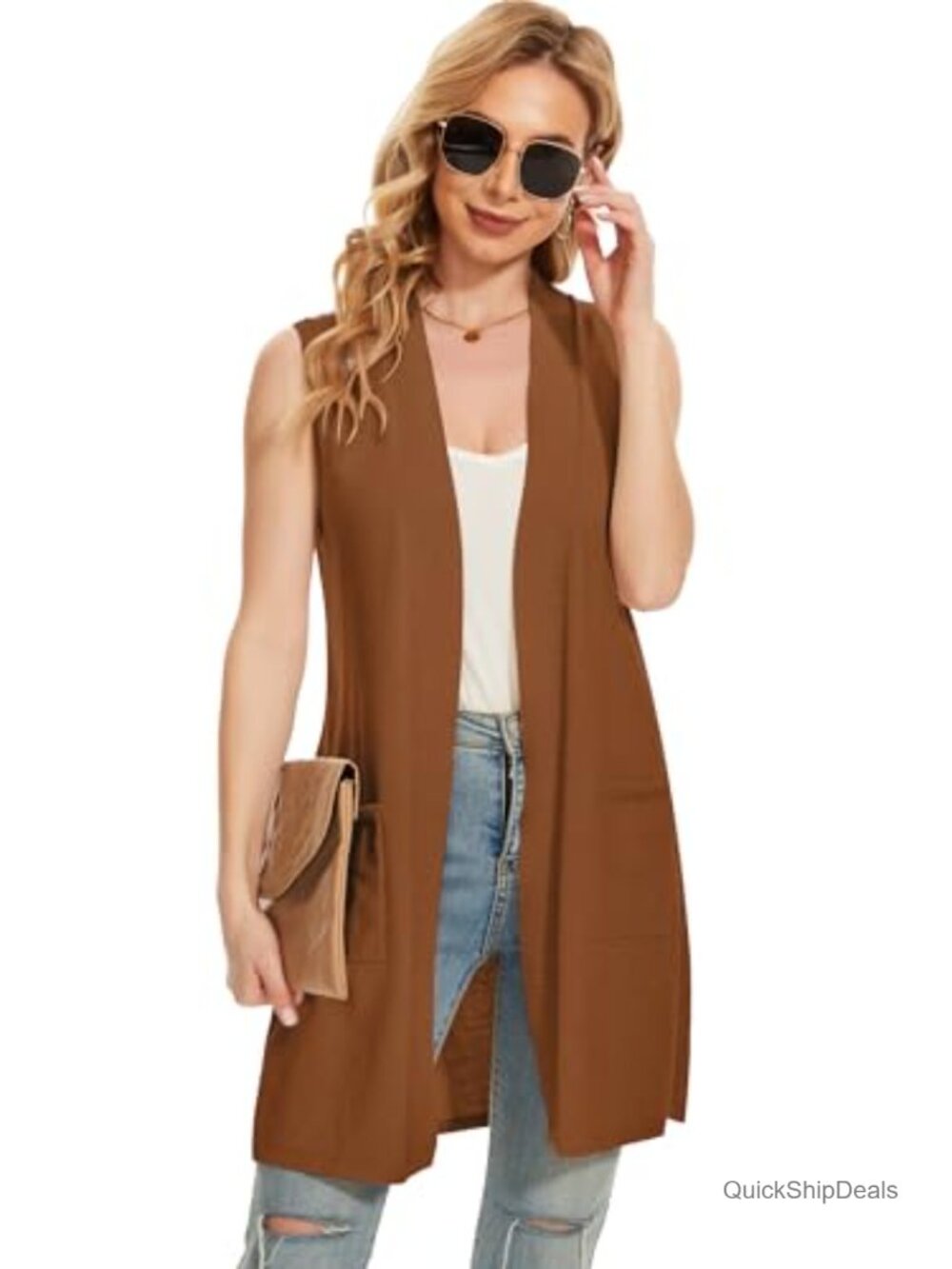 Moss Rose Long Sleeveless Open Front Cardigan Vest Ribbed Knit with Pockets